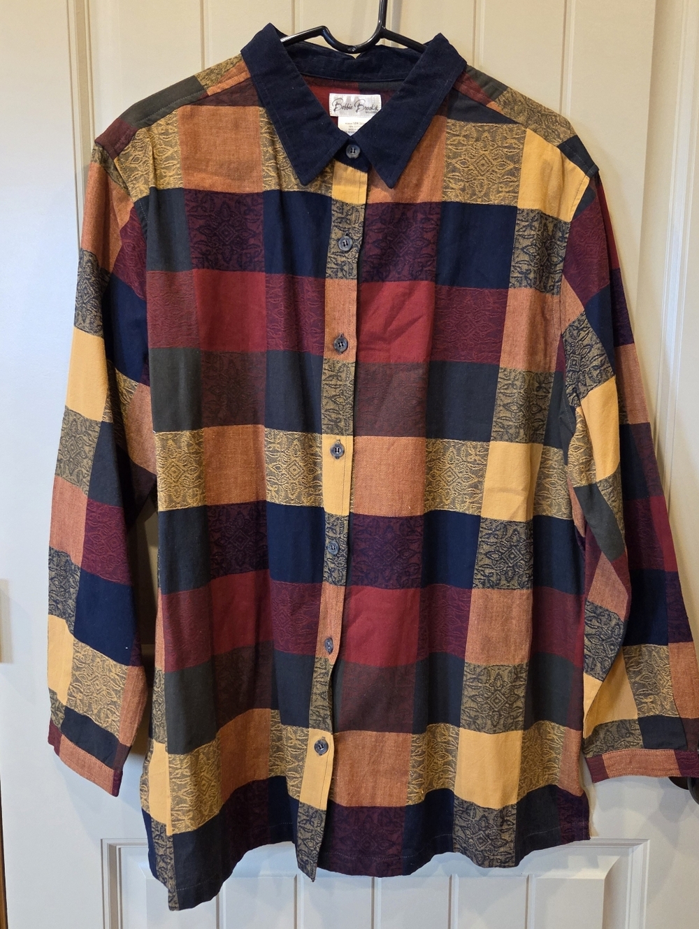 Vintage Bobbie Brooks Patchwork Dobby Shirt Corduroy Collar 18W/20W Plus